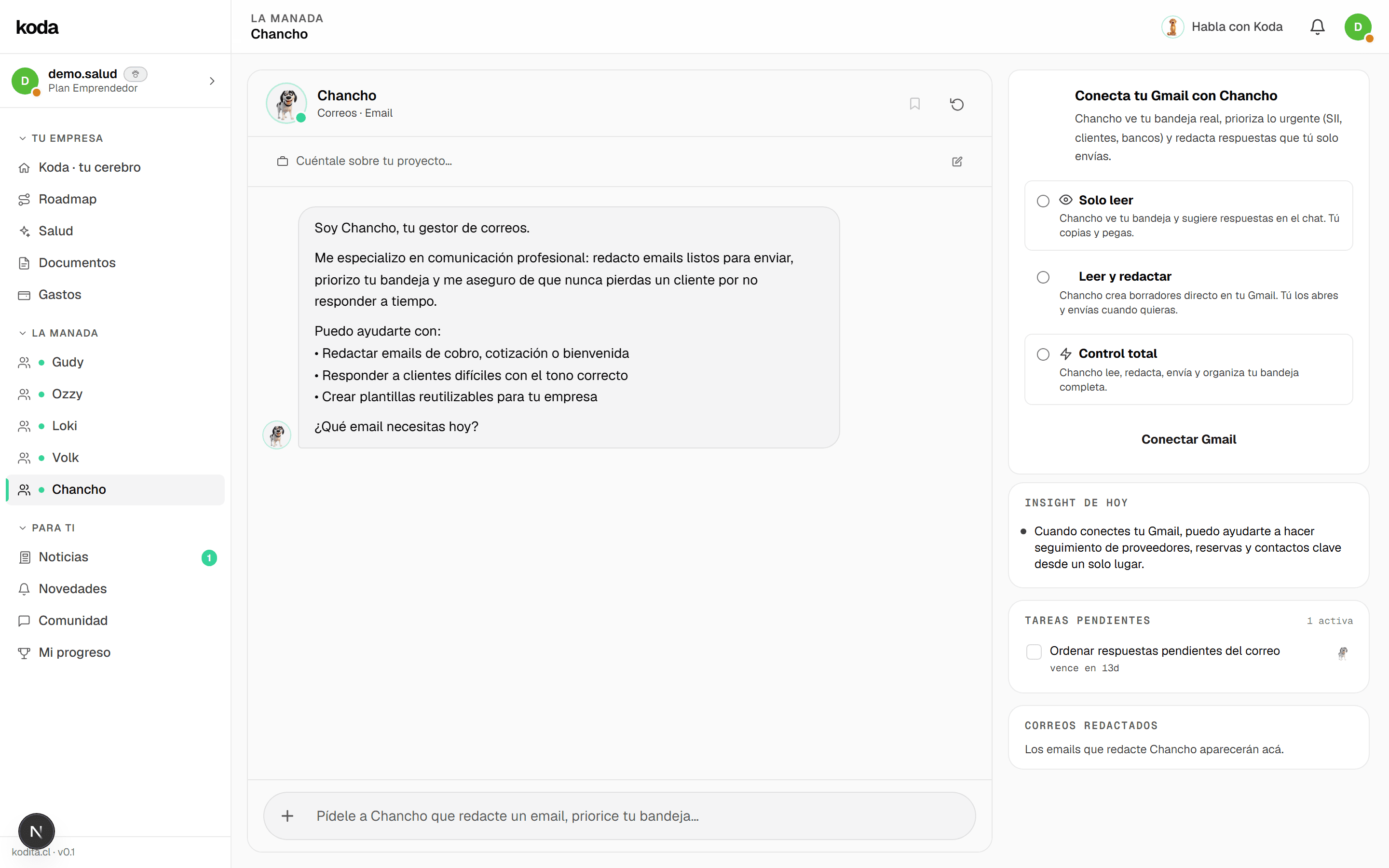 El dashboard de Chancho en Koda: prioriza tu bandeja, redacta cobros y responde a tus clientes