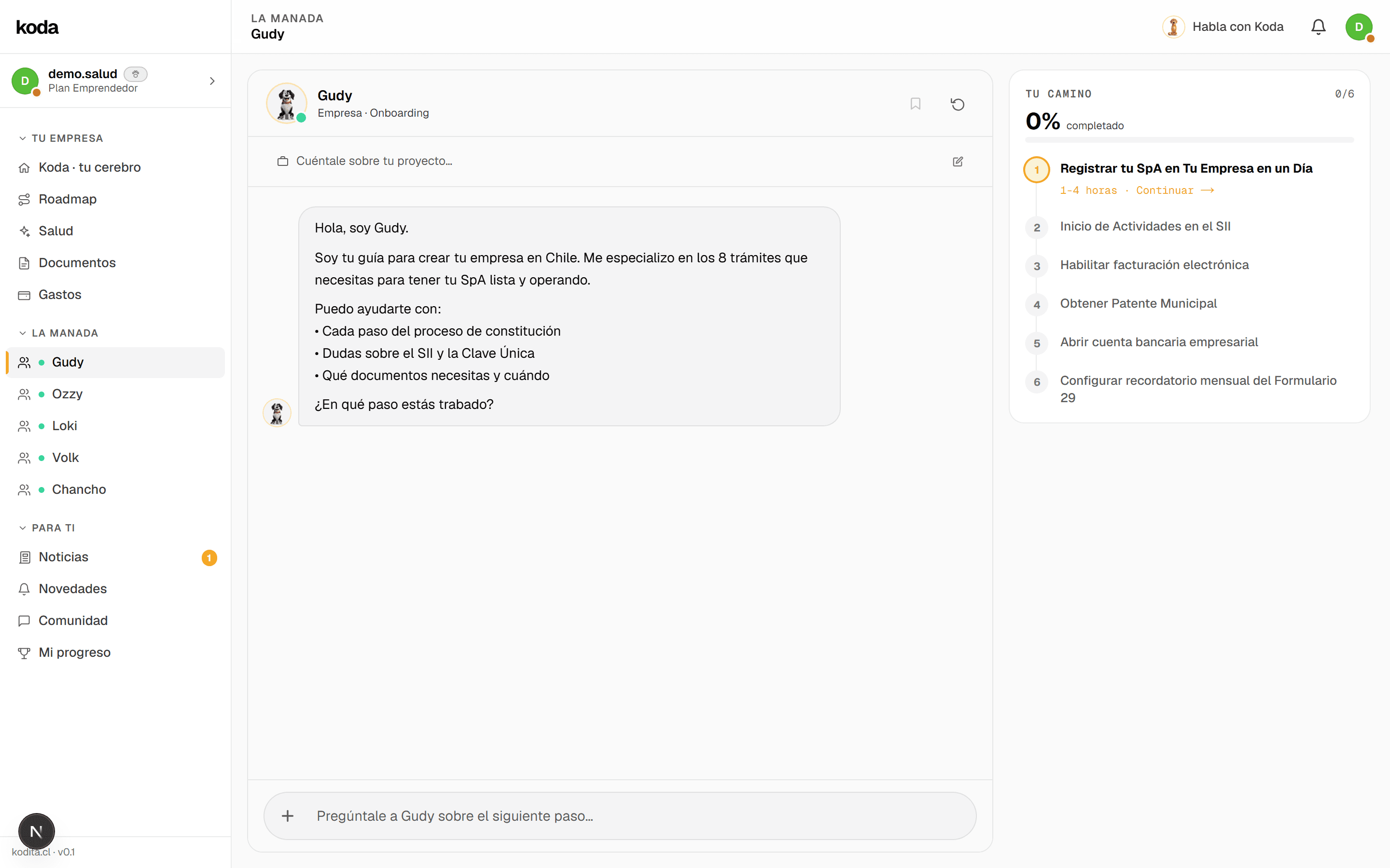 El dashboard de Gudy en Koda: los 8 pasos para crear tu empresa en Chile, en orden