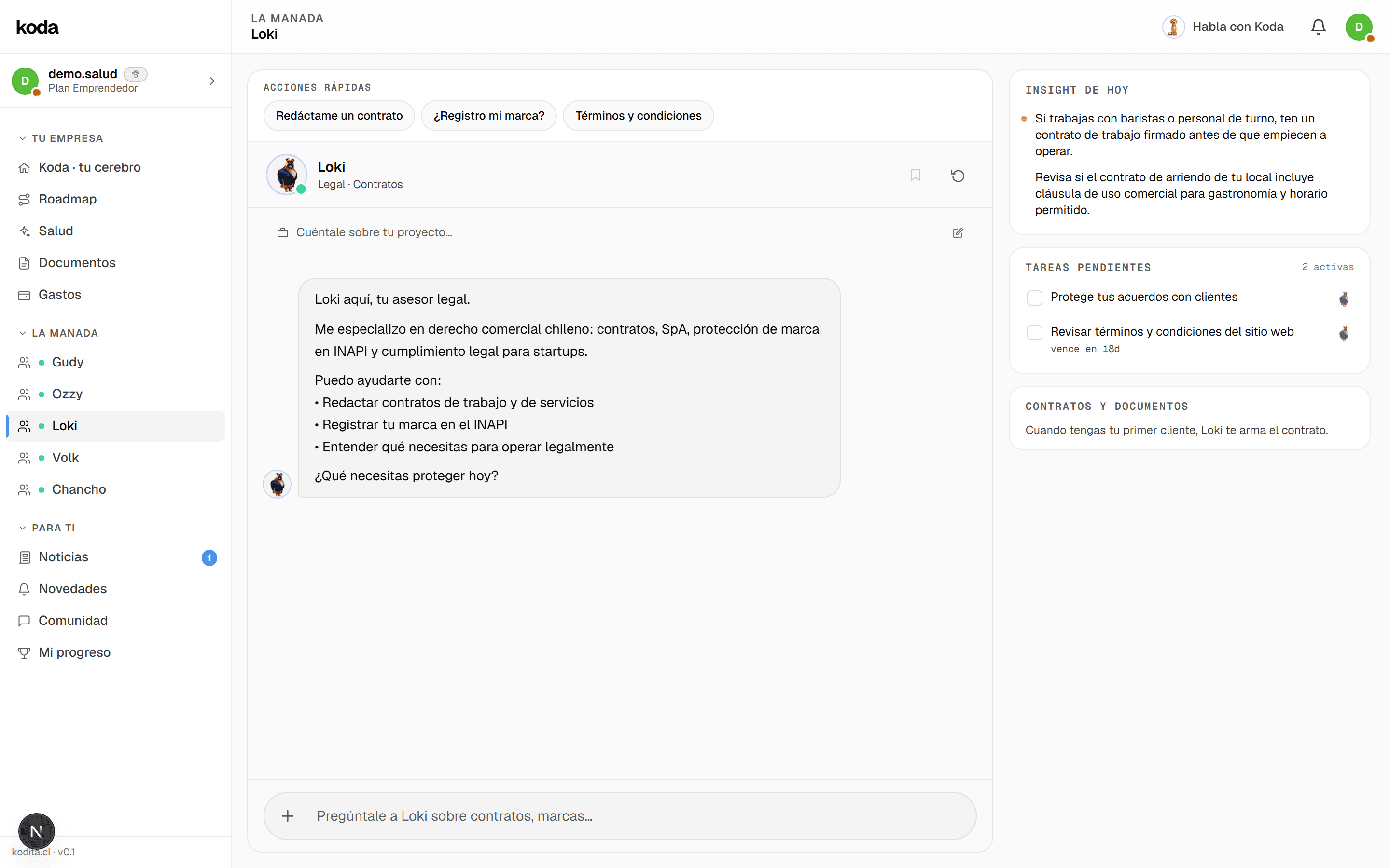 El dashboard de Loki en Koda: revisa contratos, registra tu marca en INAPI y arma tu SpA
