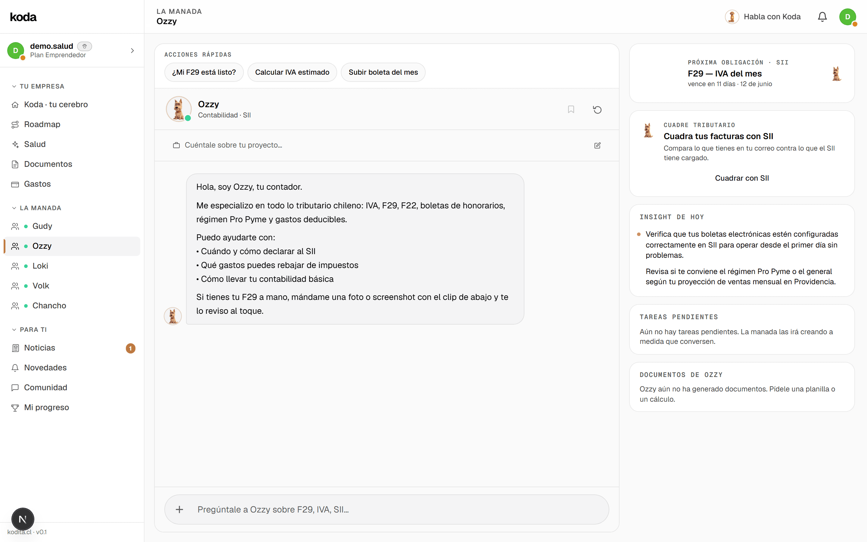 El dashboard de Ozzy en Koda: revisa tu F29, calcula tu IVA y consulta el SII