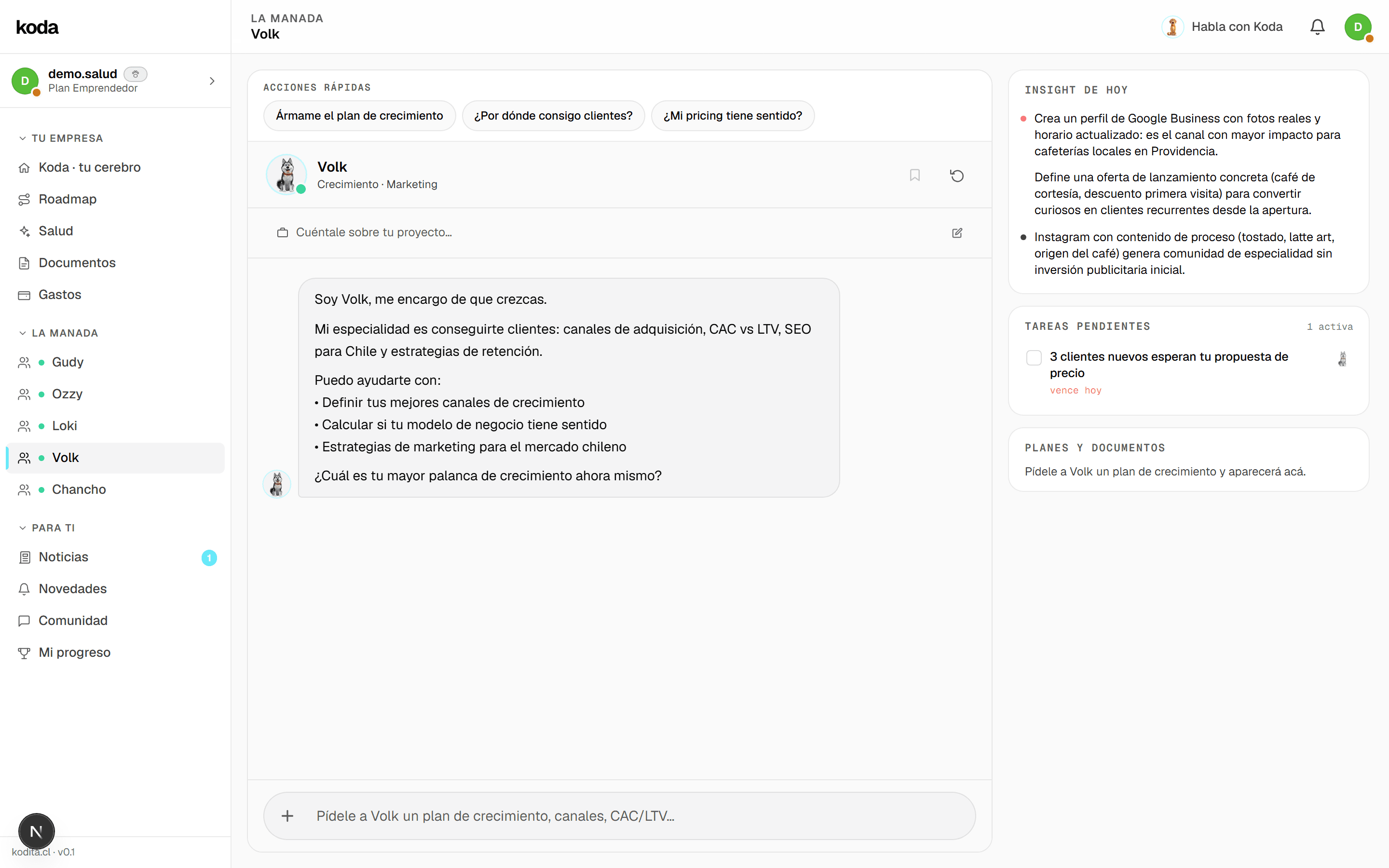 El dashboard de Volk en Koda: consigue clientes, elige canales y cuadra tu CAC con tu LTV